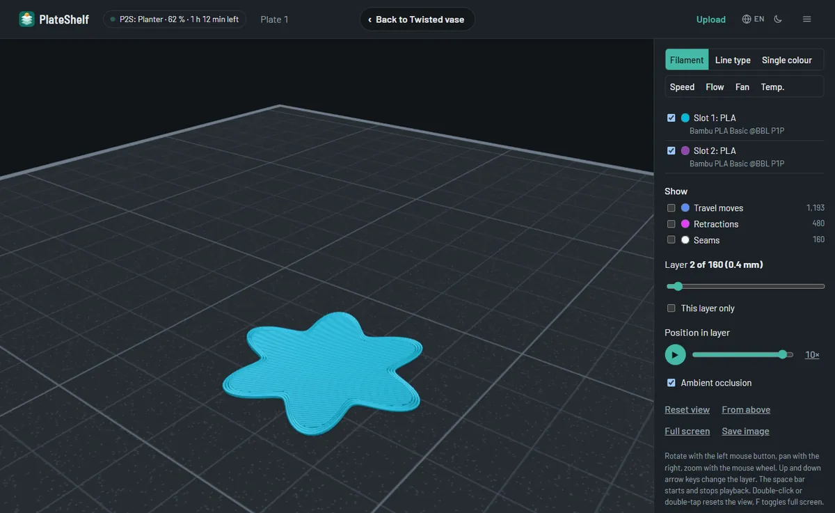 3D preview of the toolpaths, the print building up layer by layer